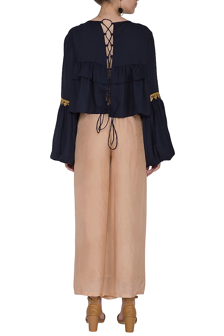 Navy Blue Embroidered Cropped Blouse by Ollari at Pernia's Pop Up Shop