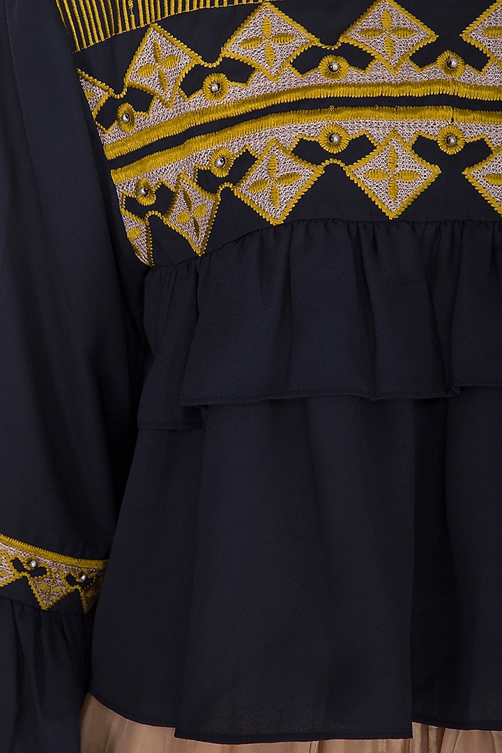 Navy Blue Embroidered Cropped Blouse by Ollari at Pernia's Pop Up Shop