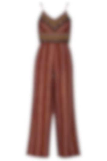 Wine Embroidered Striped Jumpsuit by Ollari