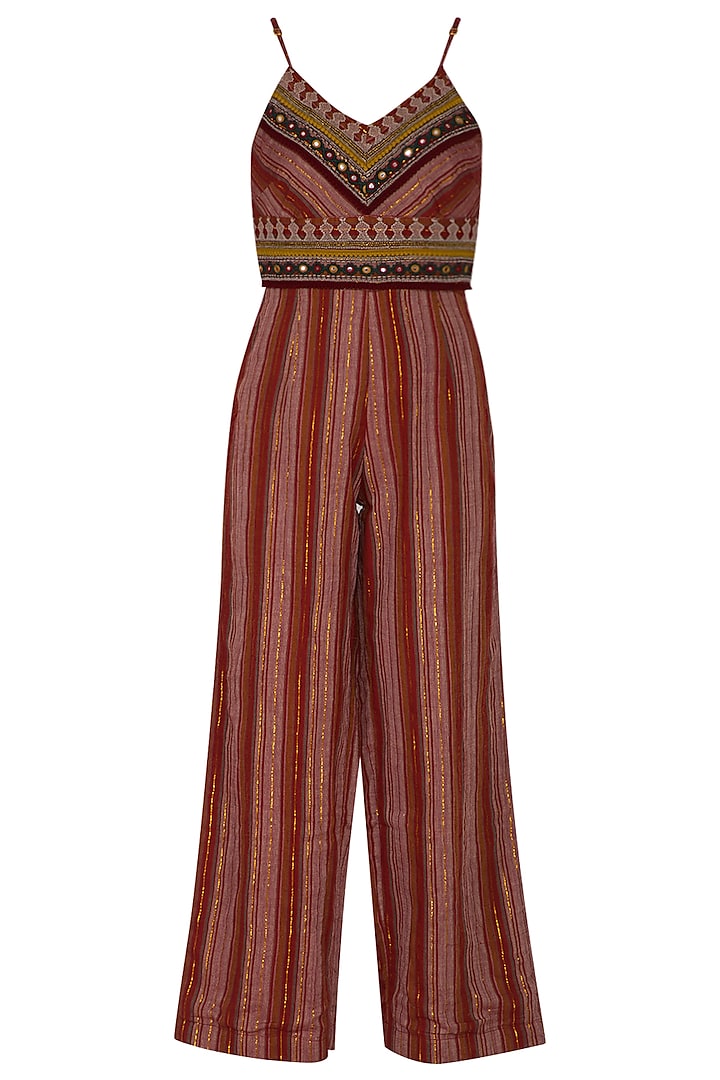 Wine Embroidered Striped Jumpsuit by Ollari