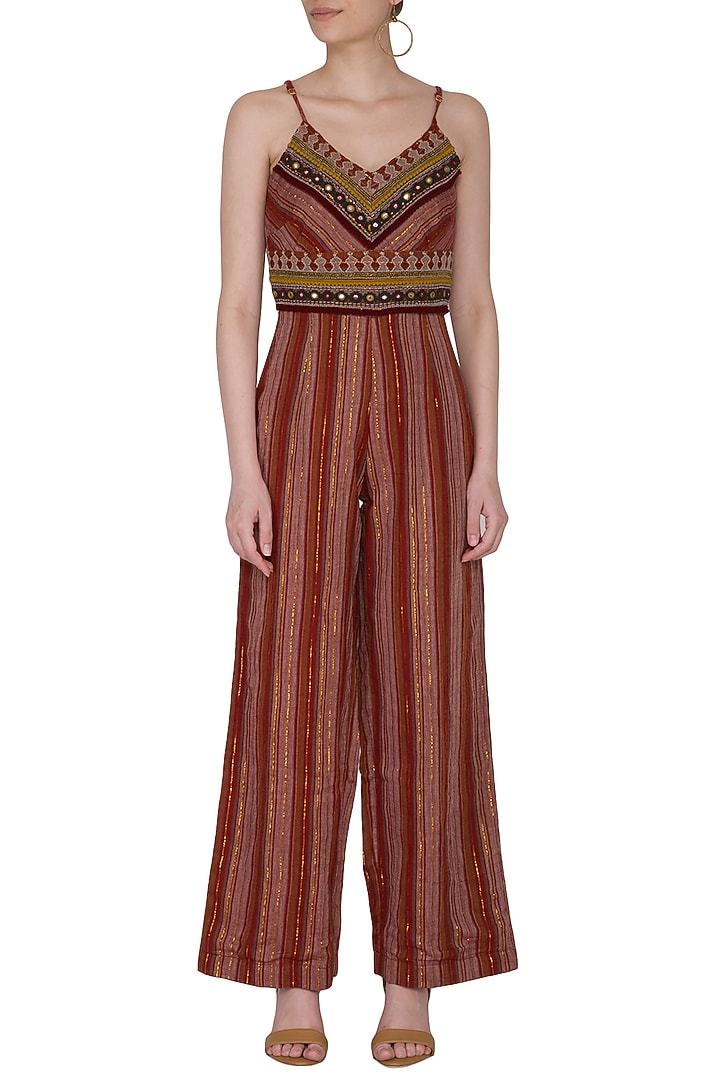 Wine Embroidered Striped Jumpsuit by Ollari at Pernia's Pop Up Shop