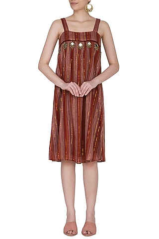 Wine Striped Knee Length Dress by Ollari