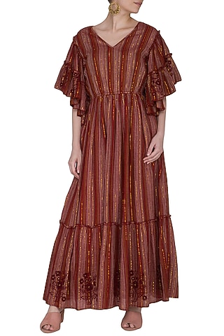 Wine Embroidered Maxi Dress by Ollari