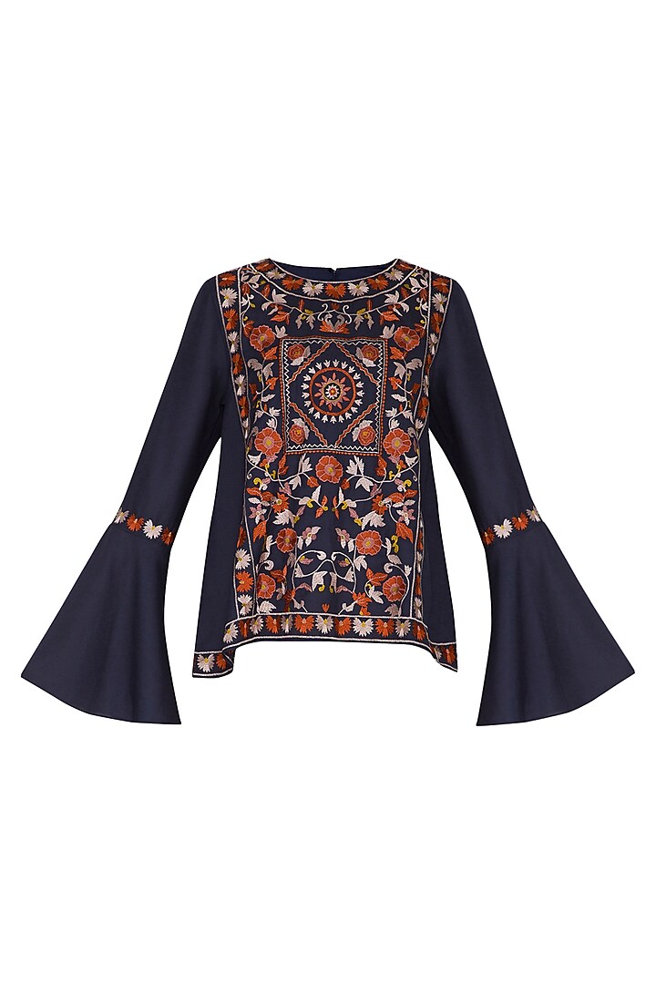 Navy Blue Embroidered Blouse by Ollari