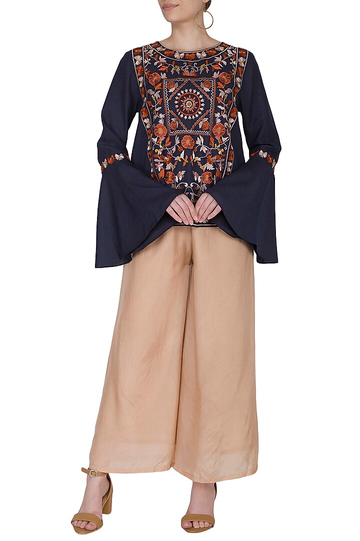 Navy Blue Embroidered Blouse by Ollari at Pernia's Pop Up Shop