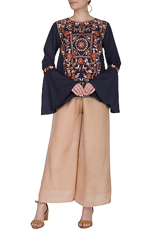 Navy Blue Embroidered Blouse by Ollari