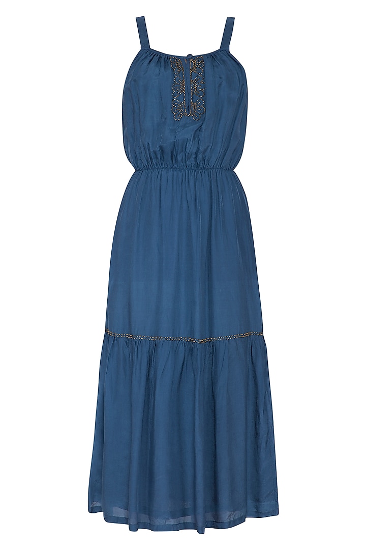 Agean Blue Embroidered Midi Dress by Ollari