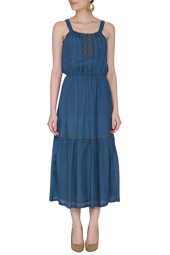 Agean Blue Embroidered Midi Summer Dress by Ollari at Pernia's Pop Up Shop