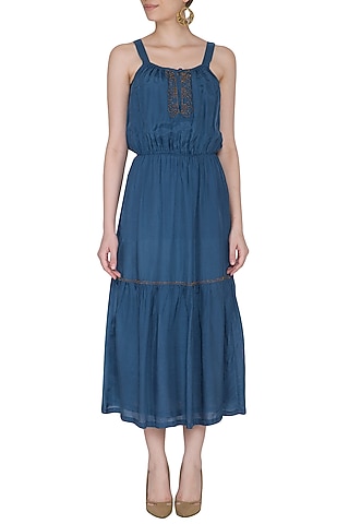 Agean Blue Embroidered Midi Dress by Ollari