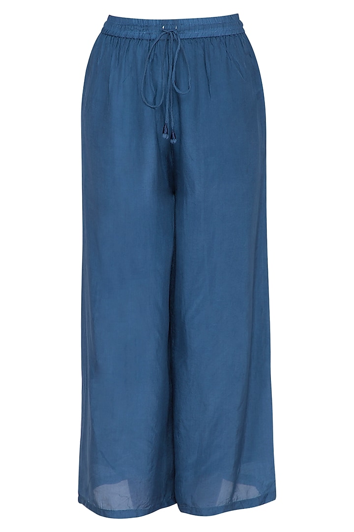 Agean Blue Wide Leg Tie-Up Pants by Ollari