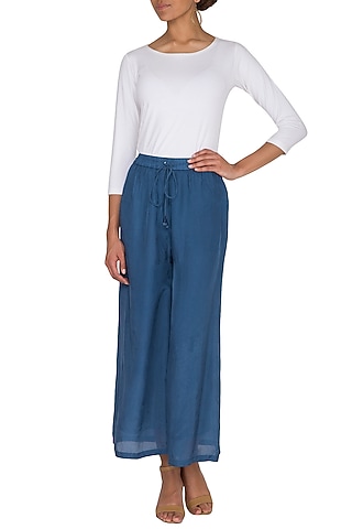 Agean Blue Wide Leg Tie-Up Pants by Ollari
