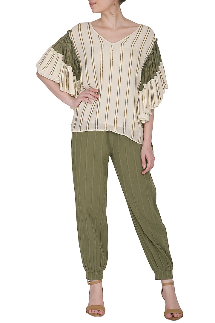 Ivory & Sage Green Hand Beaded Top by Ollari at Pernia's Pop Up Shop