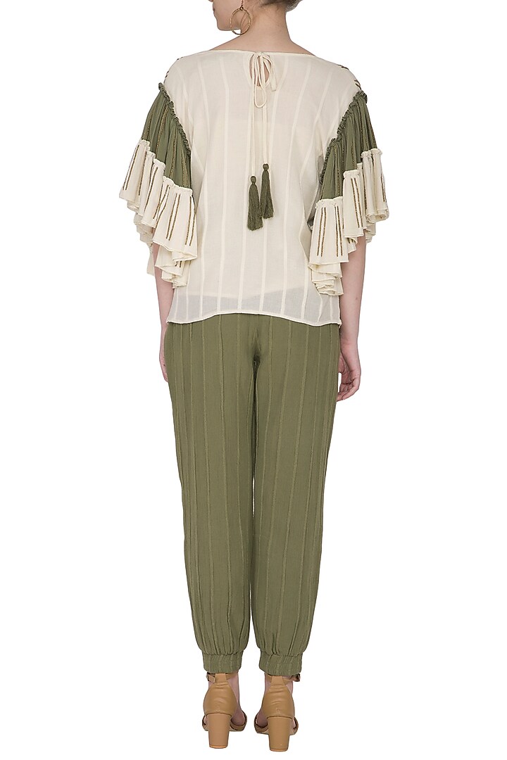Ivory & Sage Green Hand Beaded Top by Ollari at Pernia's Pop Up Shop