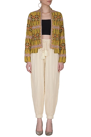Golden Olive Embroidered Blazer Jacket by Ollari