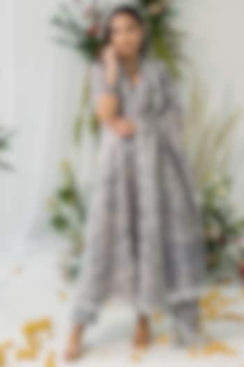 Grey Chanderi Silk Floral Printed Anarkali Set by Old Marigold at Pernia's Pop Up Shop