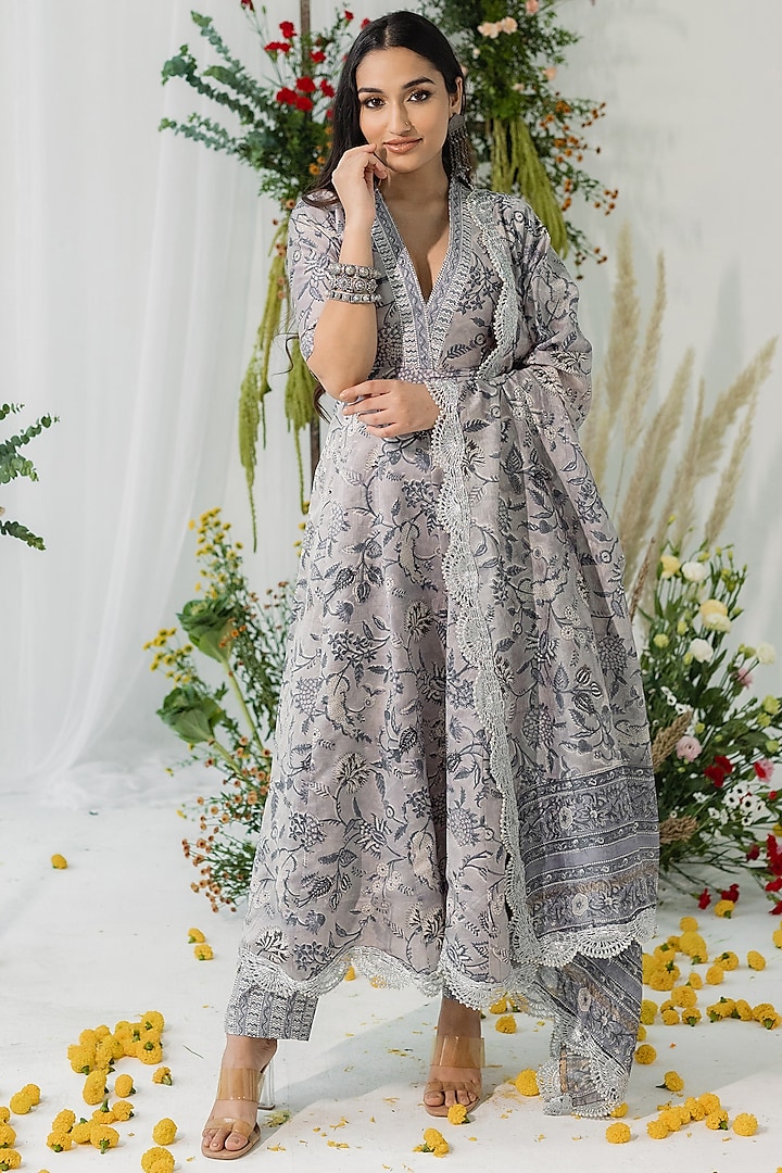 Grey Chanderi Silk Floral Printed Anarkali Set by Old Marigold at Pernia's Pop Up Shop