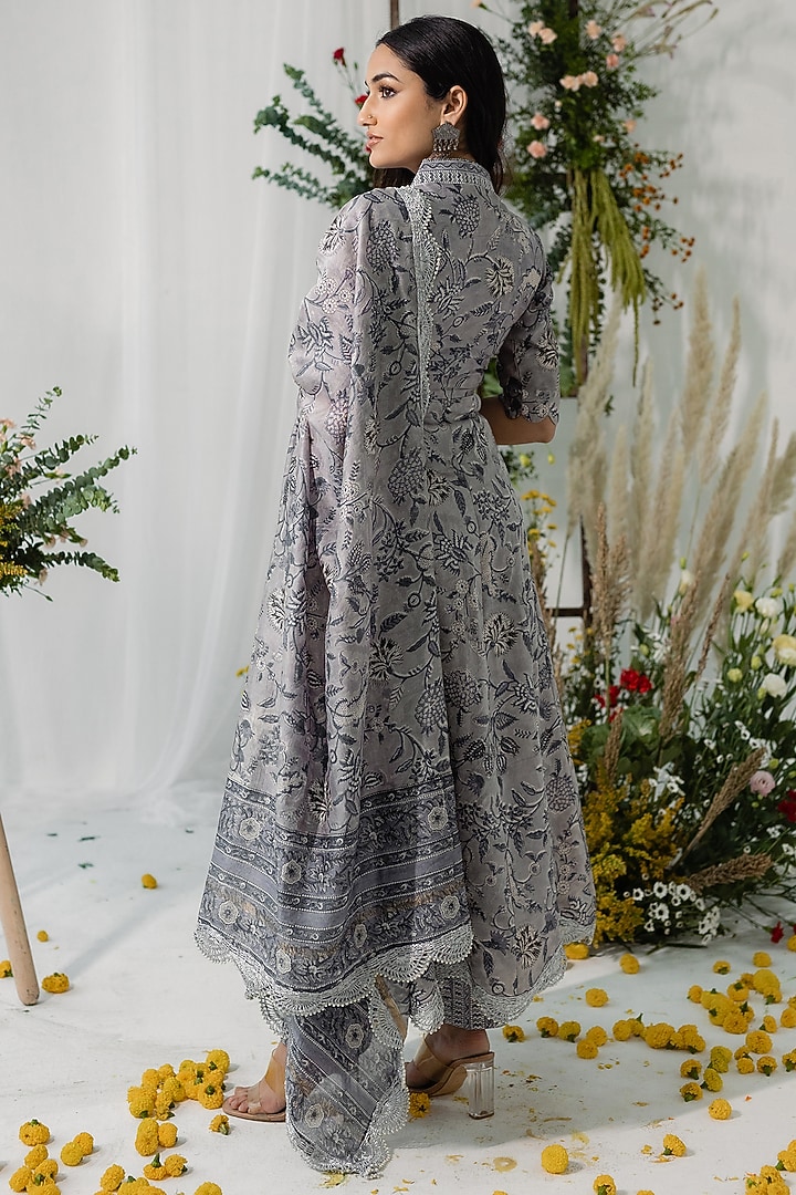 Grey Chanderi Silk Floral Printed Anarkali Set by Old Marigold at Pernia's Pop Up Shop