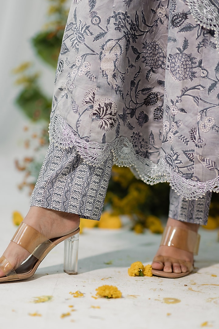 Grey Chanderi Silk Floral Printed Anarkali Set by Old Marigold at Pernia's Pop Up Shop