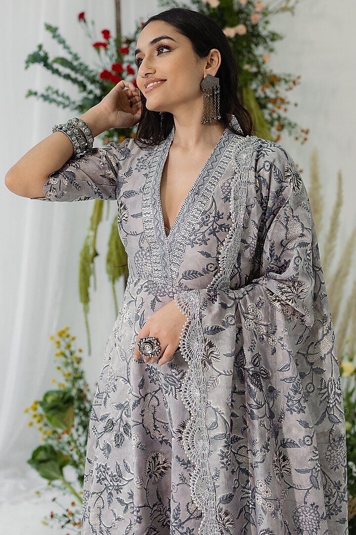 Grey Chanderi Silk Floral Printed Anarkali Set by Old Marigold at Pernia's Pop Up Shop