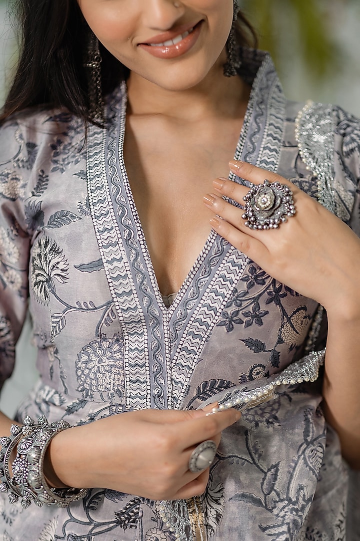 Grey Chanderi Silk Floral Printed Anarkali Set by Old Marigold at Pernia's Pop Up Shop