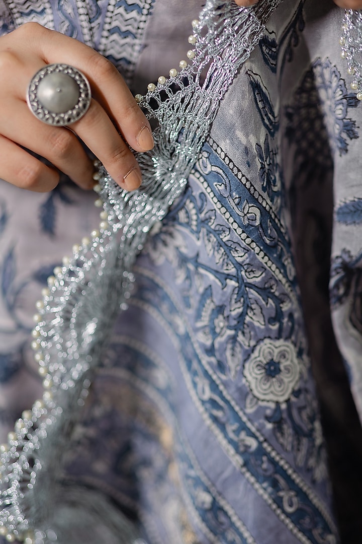Grey Chanderi Silk Floral Printed Anarkali Set by Old Marigold at Pernia's Pop Up Shop