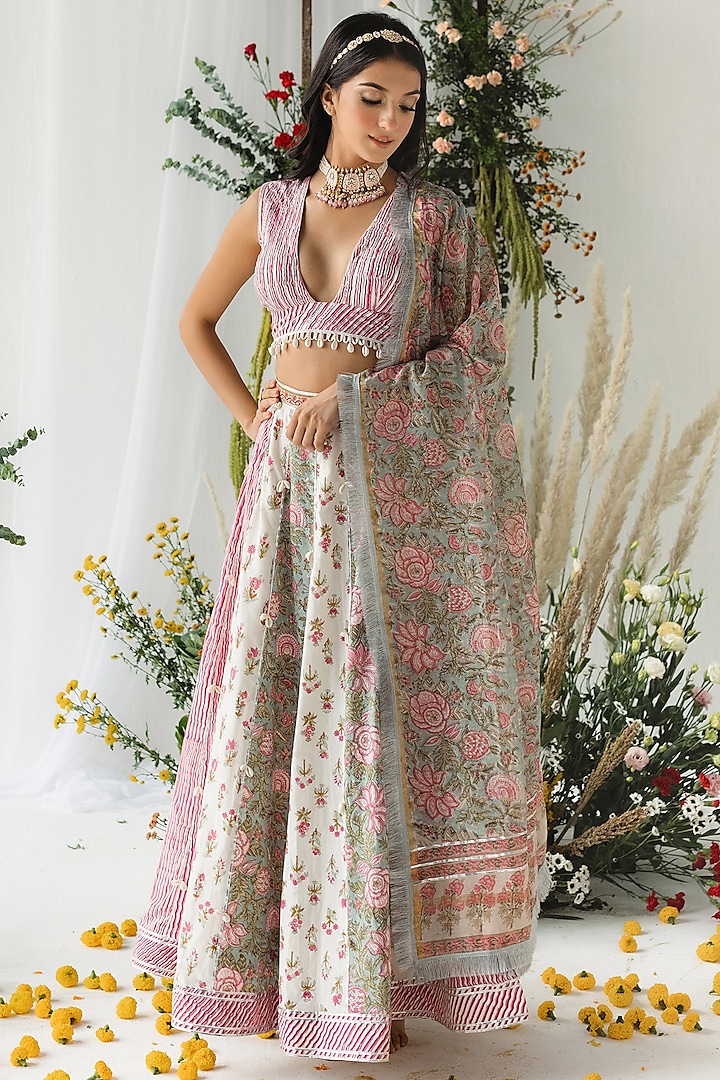 Multi-Colored Cambric Cotton Floral Printed Lehenga Set by Old Marigold