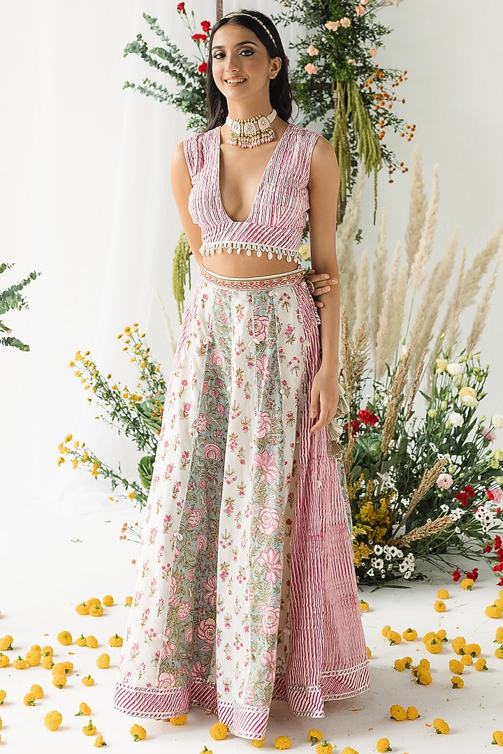 Multi-Colored Cambric Cotton Floral Printed Lehenga Set by Old Marigold at Pernia's Pop Up Shop