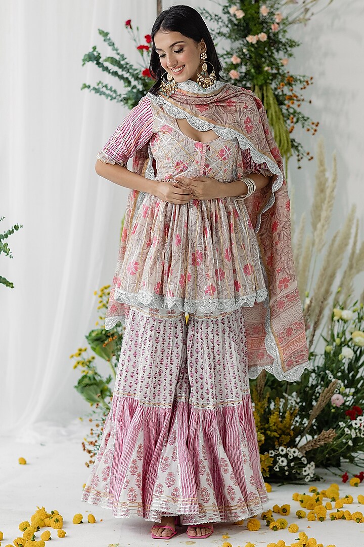 Pink Cambric Cotton Floral Printed Sharara Set by Old Marigold
