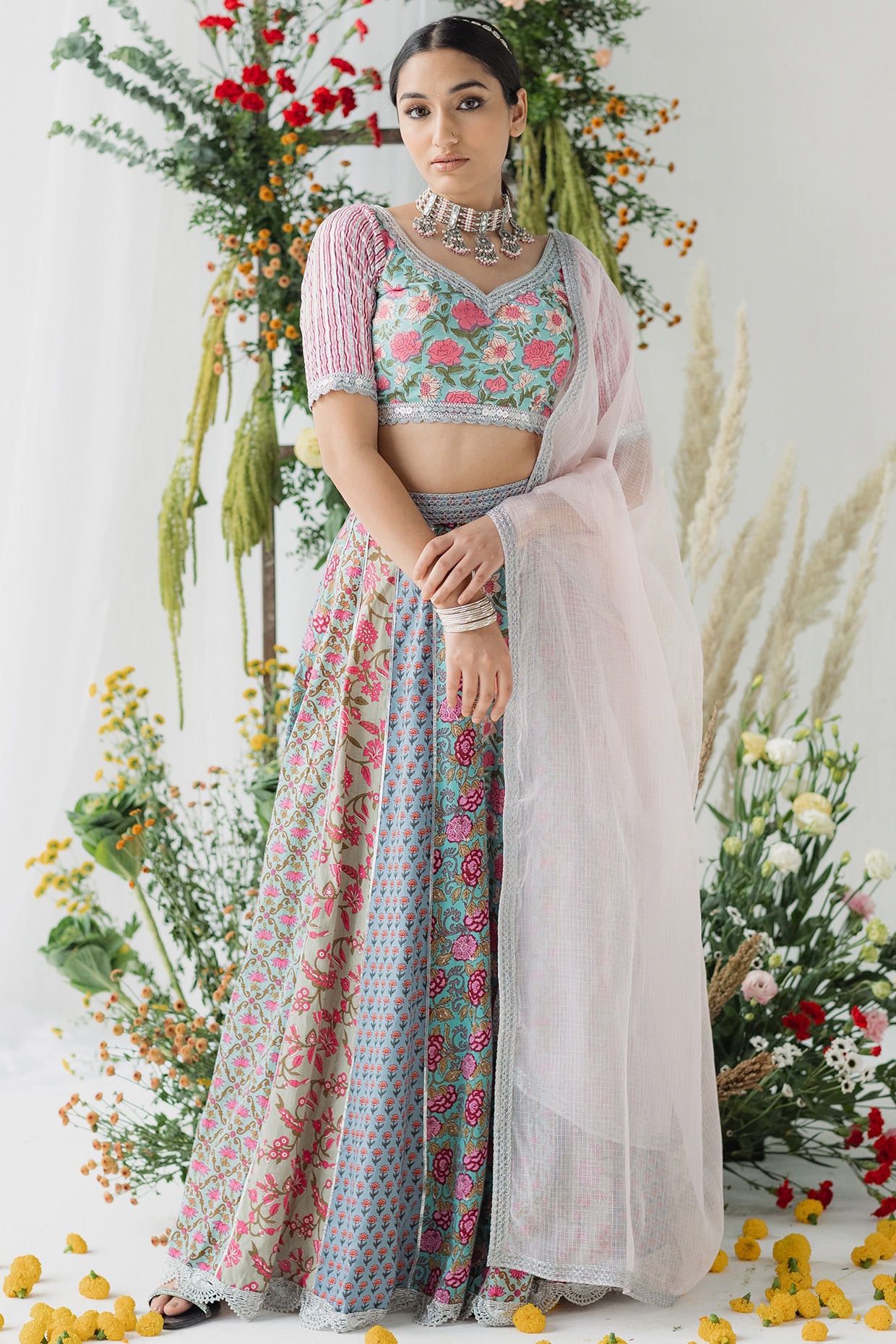 Buy Peach Pure Silk Printed And Hand Embroidered Rose Leaf Lehenga Set For  Women by SANAM Online at Aza Fashions.