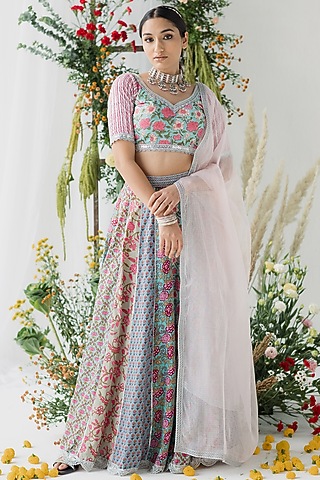 Multi-Colored Cambric Cotton Floral Printed Lehenga Set by Old Marigold