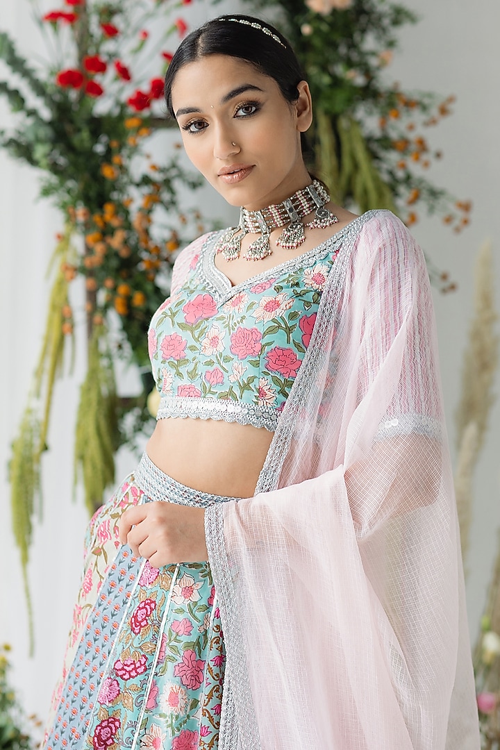 Multi-Colored Cambric Cotton Floral Printed Lehenga Set by Old Marigold at Pernia's Pop Up Shop
