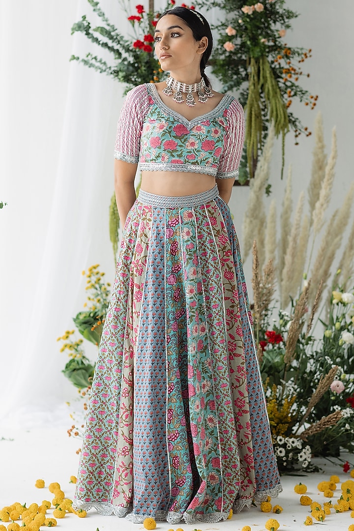 Multi-Colored Cambric Cotton Floral Printed Lehenga Set by Old Marigold at Pernia's Pop Up Shop