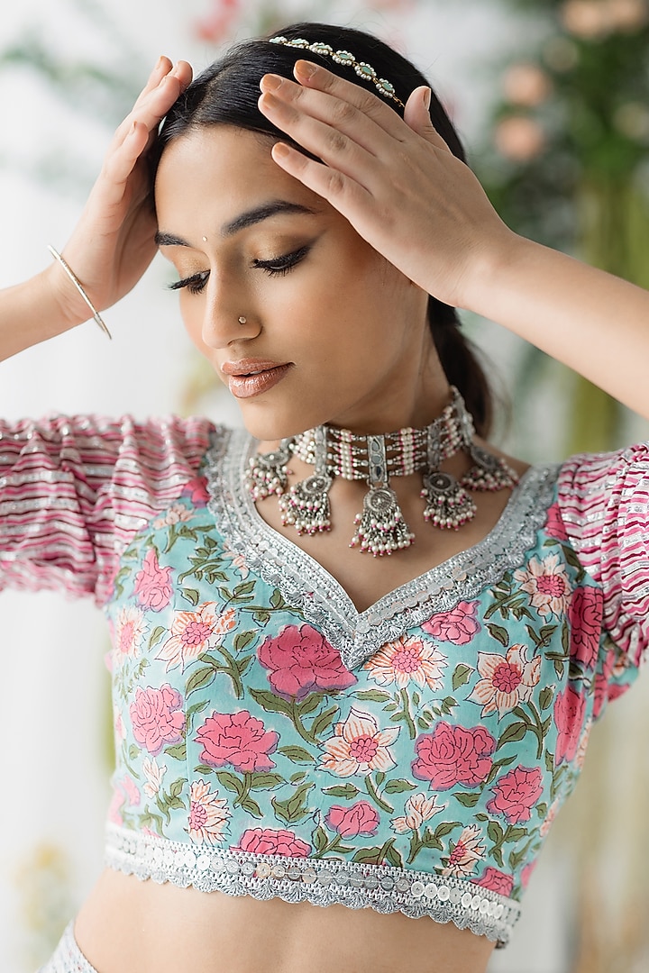 Multi-Colored Cambric Cotton Floral Printed Lehenga Set by Old Marigold at Pernia's Pop Up Shop