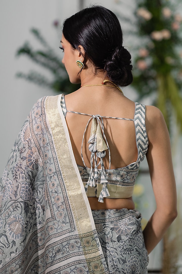 Grey Chanderi Silk Printed Festive Saree Set by Old Marigold at Pernia's Pop Up Shop