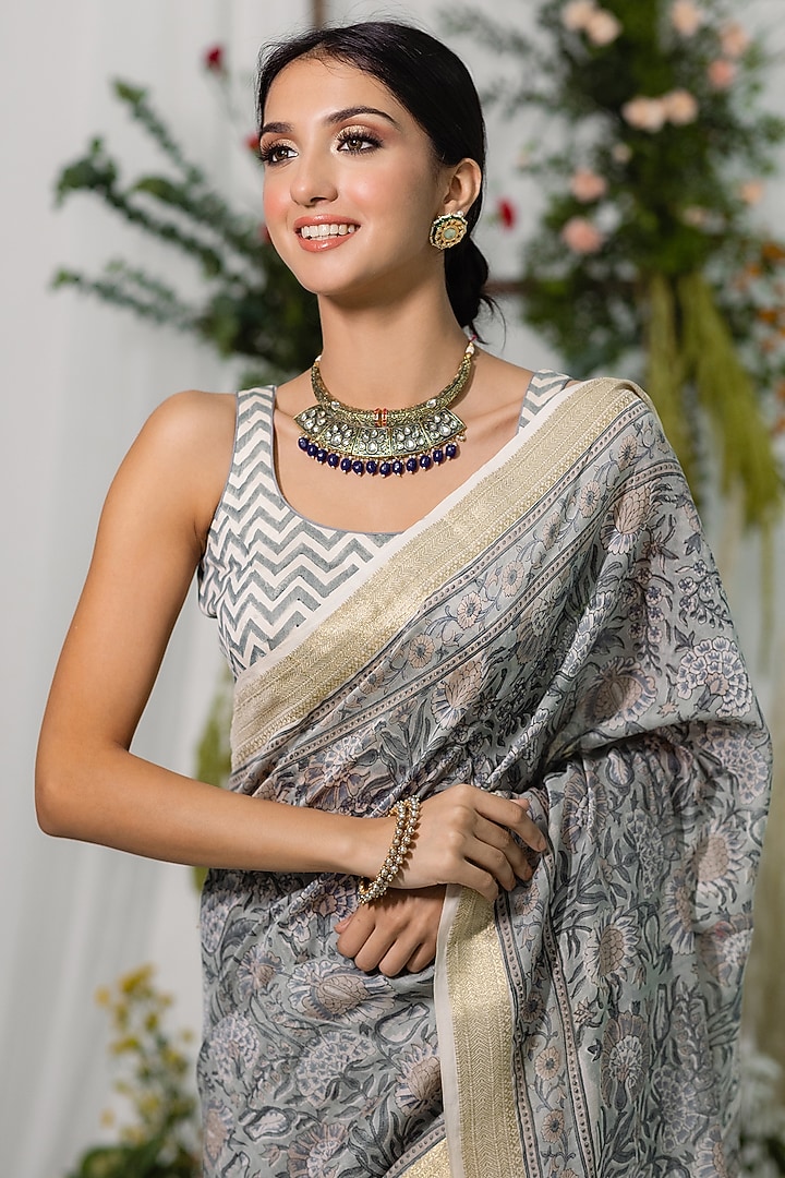 Grey Chanderi Silk Printed Festive Saree Set by Old Marigold at Pernia's Pop Up Shop