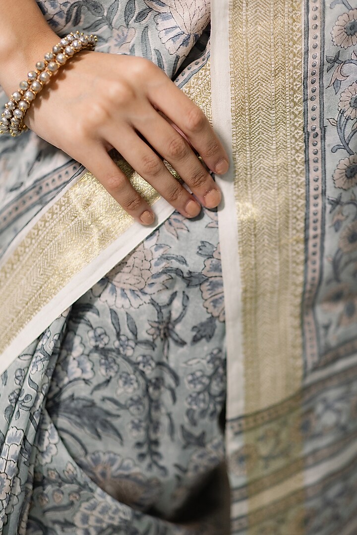 Grey Chanderi Silk Printed Festive Saree Set by Old Marigold at Pernia's Pop Up Shop