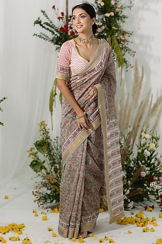Olive Chanderi Silk Printed Saree Set by Old Marigold