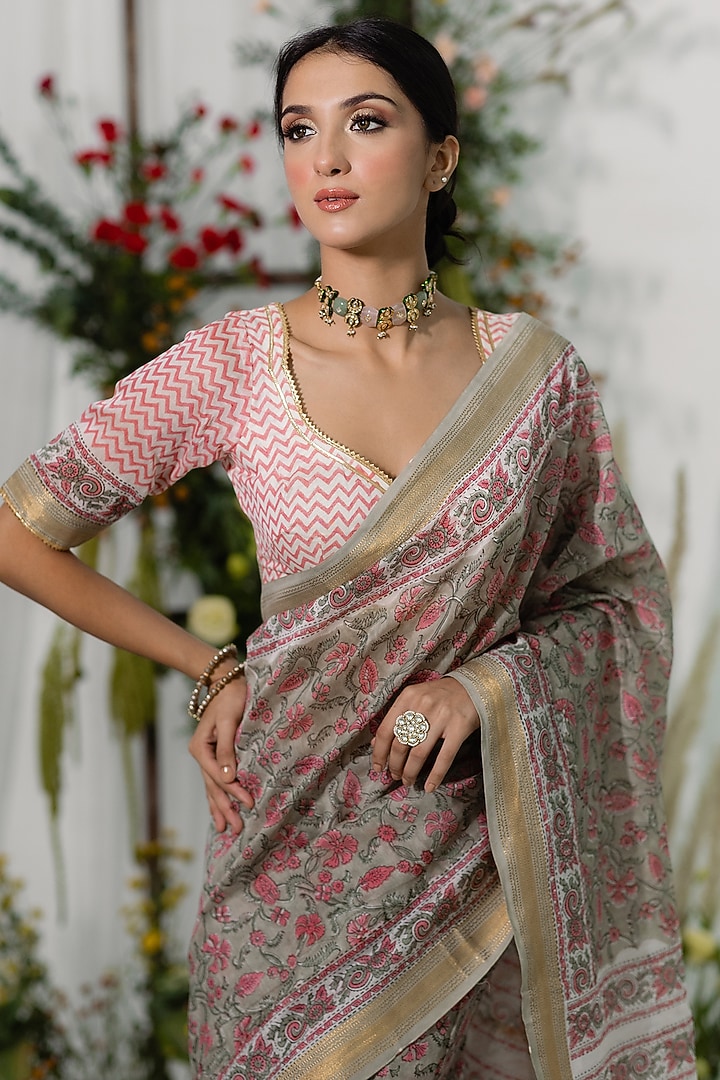 Olive Chanderi Silk Printed Festive Saree Set by Old Marigold at Pernia's Pop Up Shop