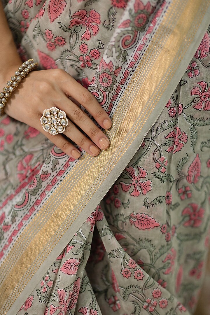 Olive Chanderi Silk Printed Festive Saree Set by Old Marigold at Pernia's Pop Up Shop