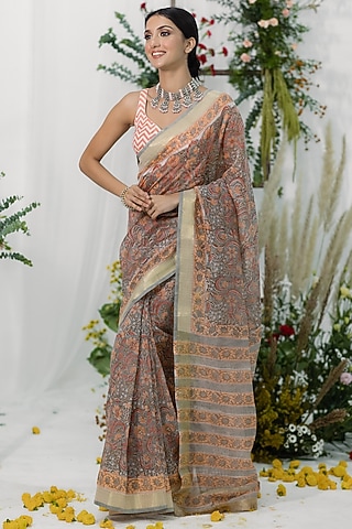 Grey Chanderi Silk Printed Saree Set by Old Marigold