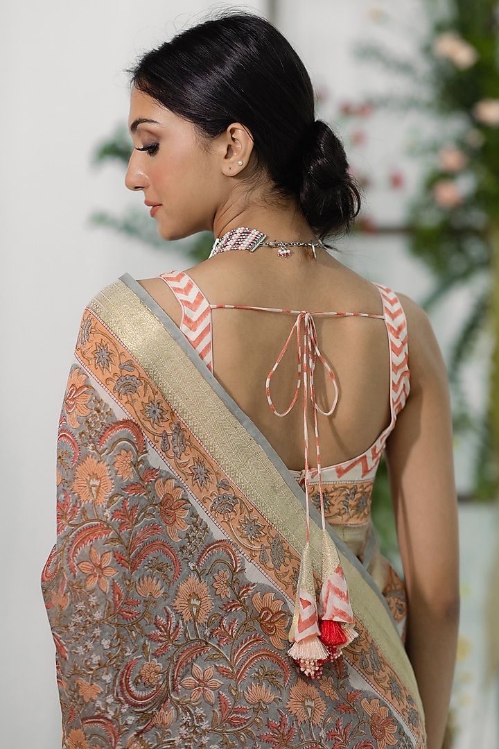 Grey Chanderi Silk Printed Festive Saree Set by Old Marigold at Pernia's Pop Up Shop