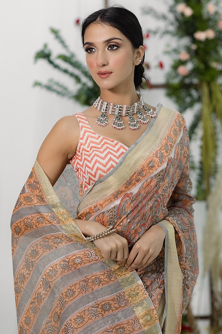 Grey Chanderi Silk Printed Festive Saree Set by Old Marigold at Pernia's Pop Up Shop