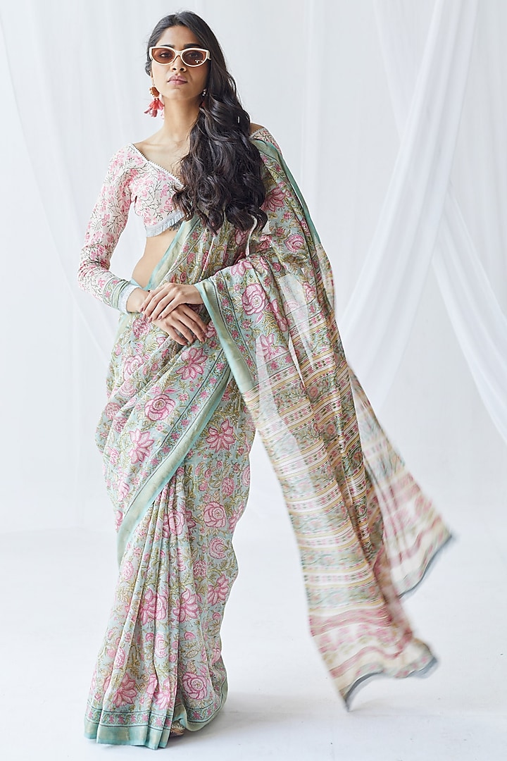 Turquoise Chanderi Silk Printed Saree Set by Old Marigold