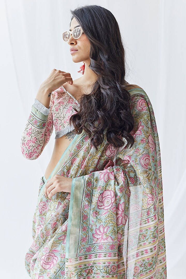 Turquoise Chanderi Silk Printed Festive Saree Set by Old Marigold at Pernia's Pop Up Shop