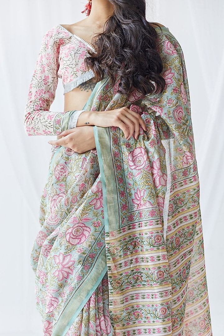 Turquoise Chanderi Silk Printed Festive Saree Set by Old Marigold at Pernia's Pop Up Shop