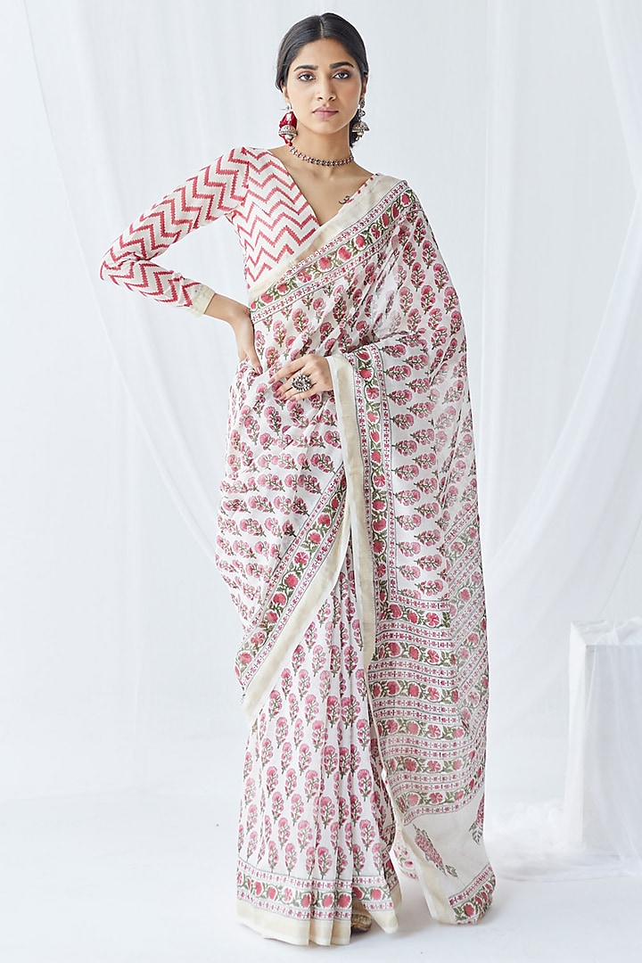 White & Red Chanderi Silk Printed Saree Set by Old Marigold
