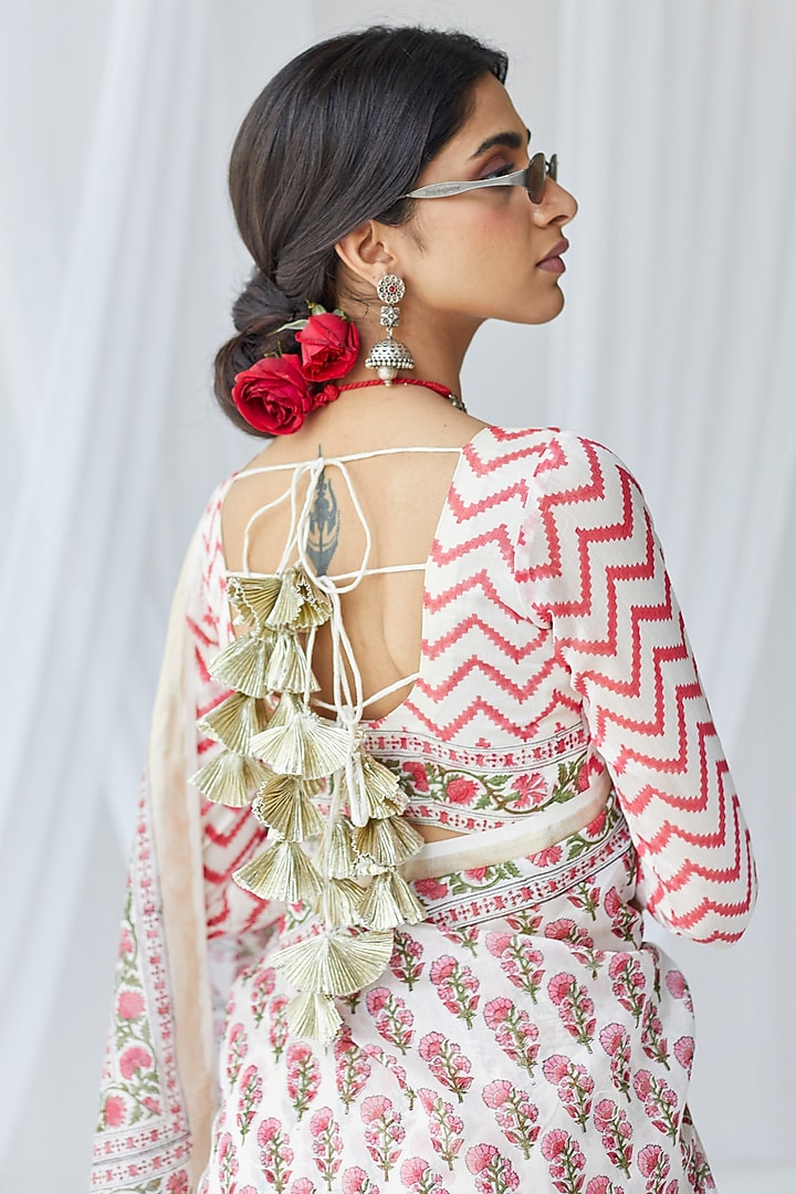 White & Red Chanderi Silk Printed Festive Saree Set by Old Marigold at Pernia's Pop Up Shop