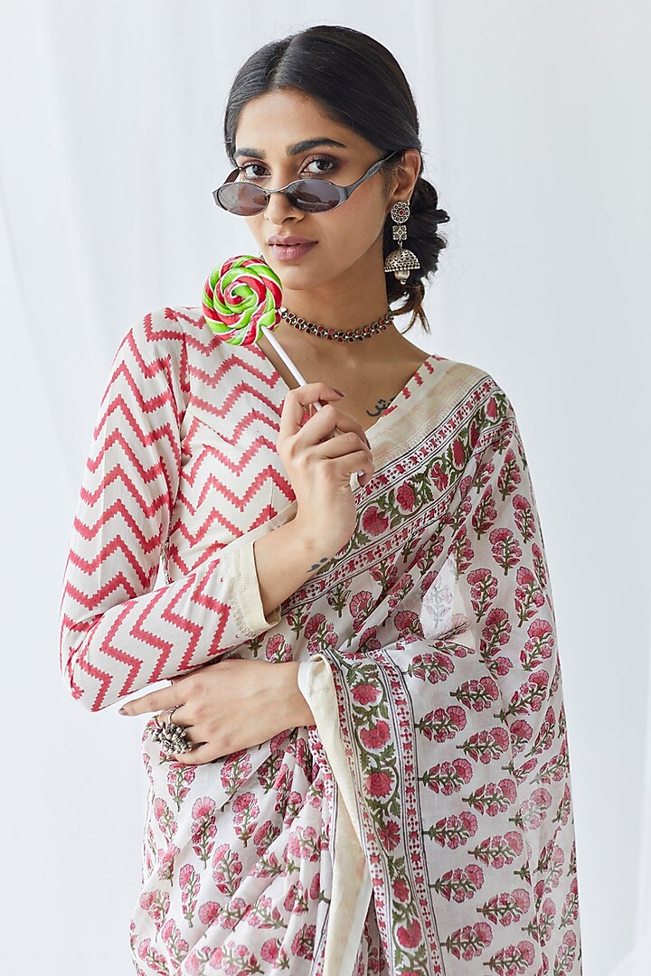 White & Red Chanderi Silk Printed Festive Saree Set by Old Marigold at Pernia's Pop Up Shop