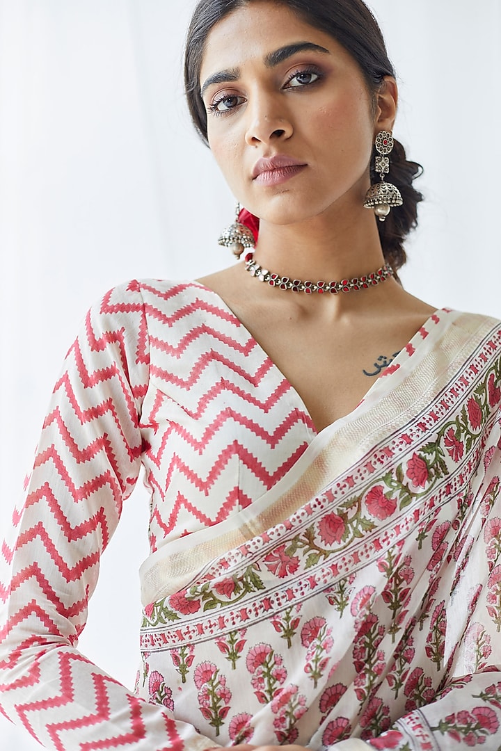 White & Red Chanderi Silk Printed Festive Saree Set by Old Marigold at Pernia's Pop Up Shop