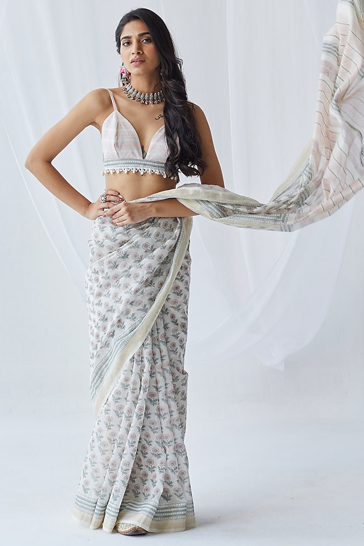 White Chanderi Silk Printed Saree Set by Old Marigold